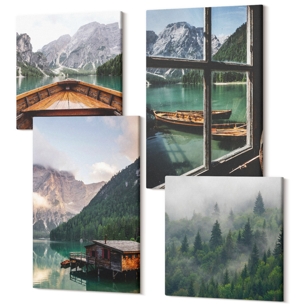 Sada 4 obrazov Horské jazero s loďou a drevenými domčekmi