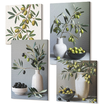 Sada obrazov kvadryptych Olivy vo vázach na pozadí tlmených farieb