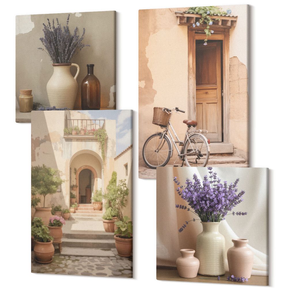 Sada 4 obrazov Kvety levandule, olivy a talianska architektúra