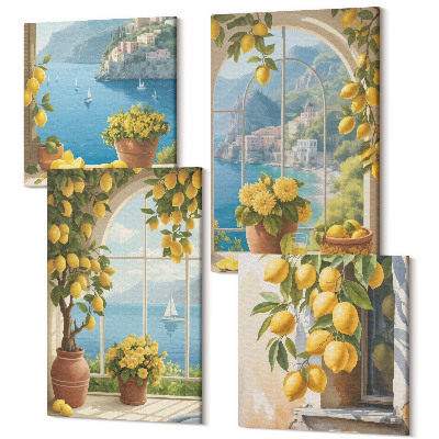 Sada 4 obrazov Morské scenérie s talianskymi citrónmi v oknách