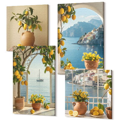 Sada obrazov kvadryptych Prímorské mesto citróny a kvety v kvetináčoch