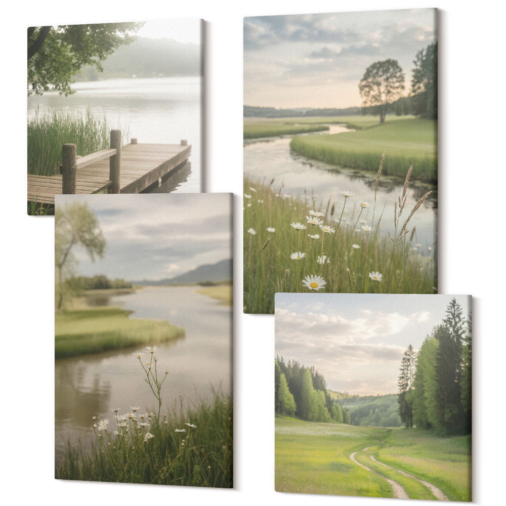 Sada 4 obrazov Pokojná letná krajina s riekou a kvetinovou lúkou