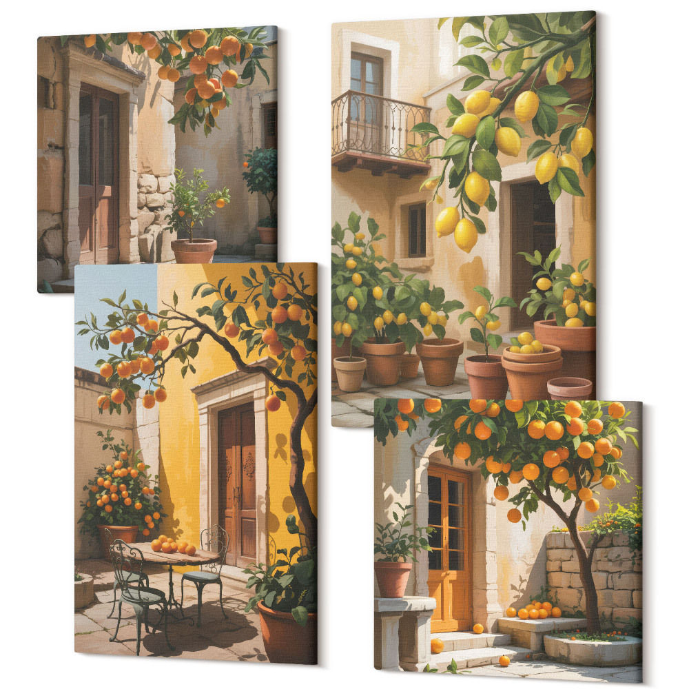 Sada obrazov na stenu kvadryptych Citrusové plody na slnečnom dvore s rastlinami