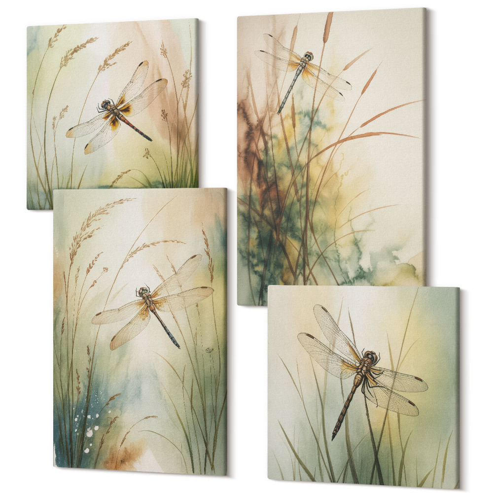 Sada 4 obrazov Maľované trávy s vážkami nad vodou
