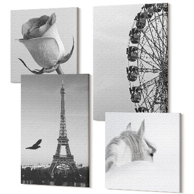 Sada 4 obrazov Rose Eiffel Tower Ruské koleso koňa monochromatické