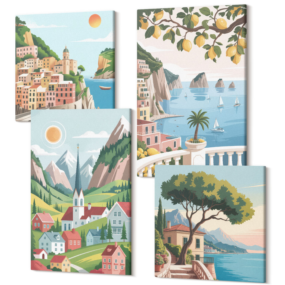 Sada obrazov na stenu kvadryptych Malebná krajina s morom a citrusovými plodmi