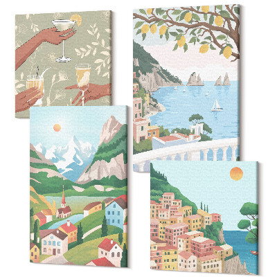 Sada 4 obrazov Pohľad na more s pastelovými domami