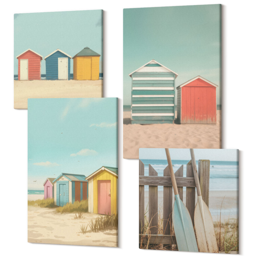 Sada 4 obrazov Farebné plážové domy v letnom slnku