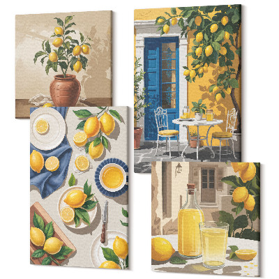 Sada obrazov kvadryptych Citrónová záhrada s citrónmi a nápojmi na stole