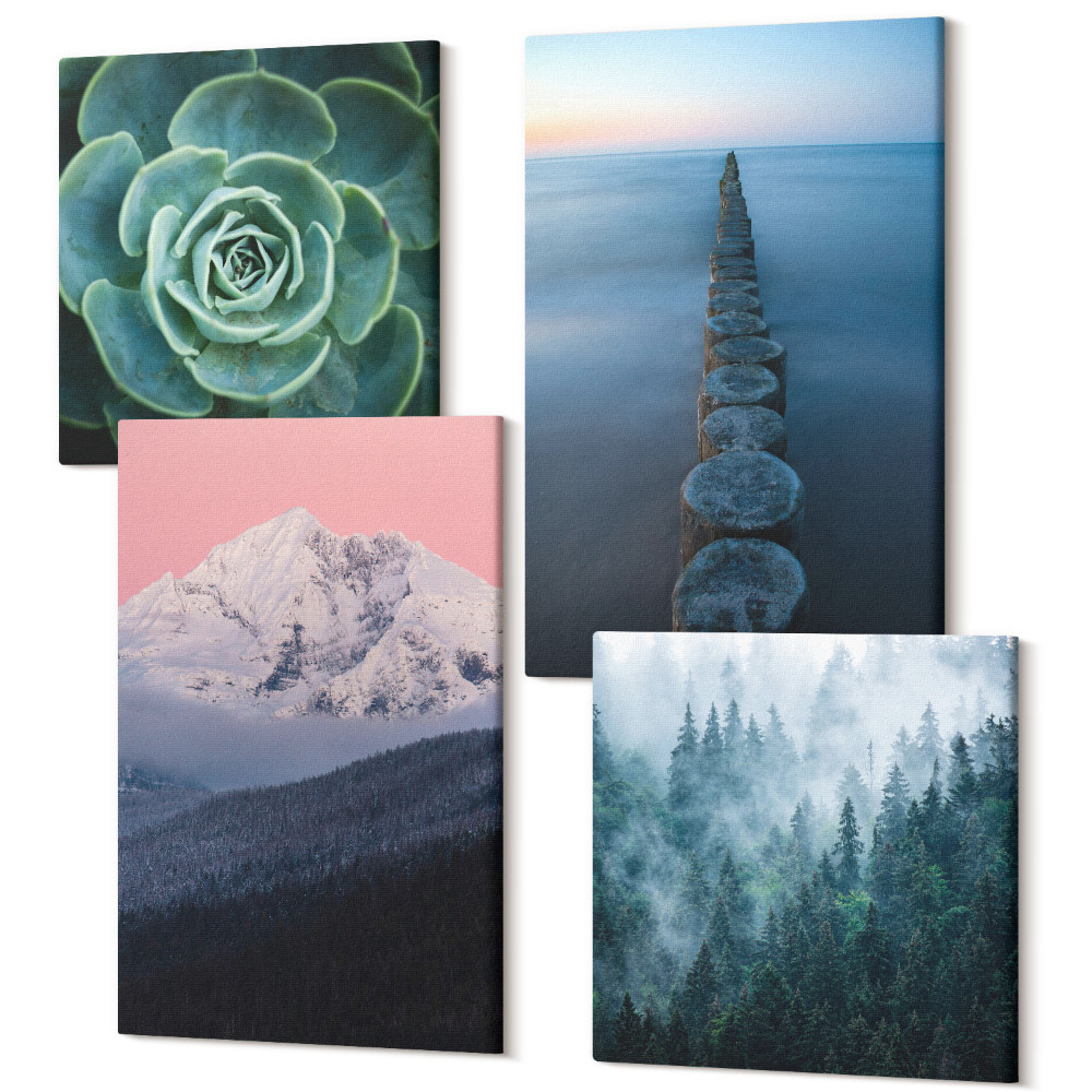 Sada 4 obrazov Hory s ružovou oblohou, vodou a zelenými sukulentmi