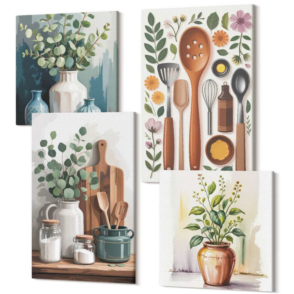 Sada obrazov kvadryptych Kuchynské doplnky s rastlinami v modernom štýle