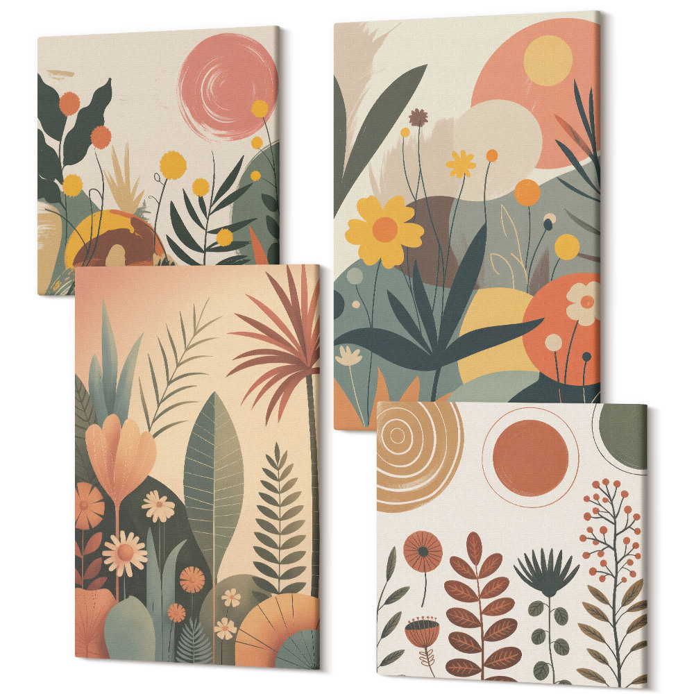 Sada obrazov na stenu kvadryptych Rastlinné vzory Boho v teplých odtieňoch s prirodzeným nádychom