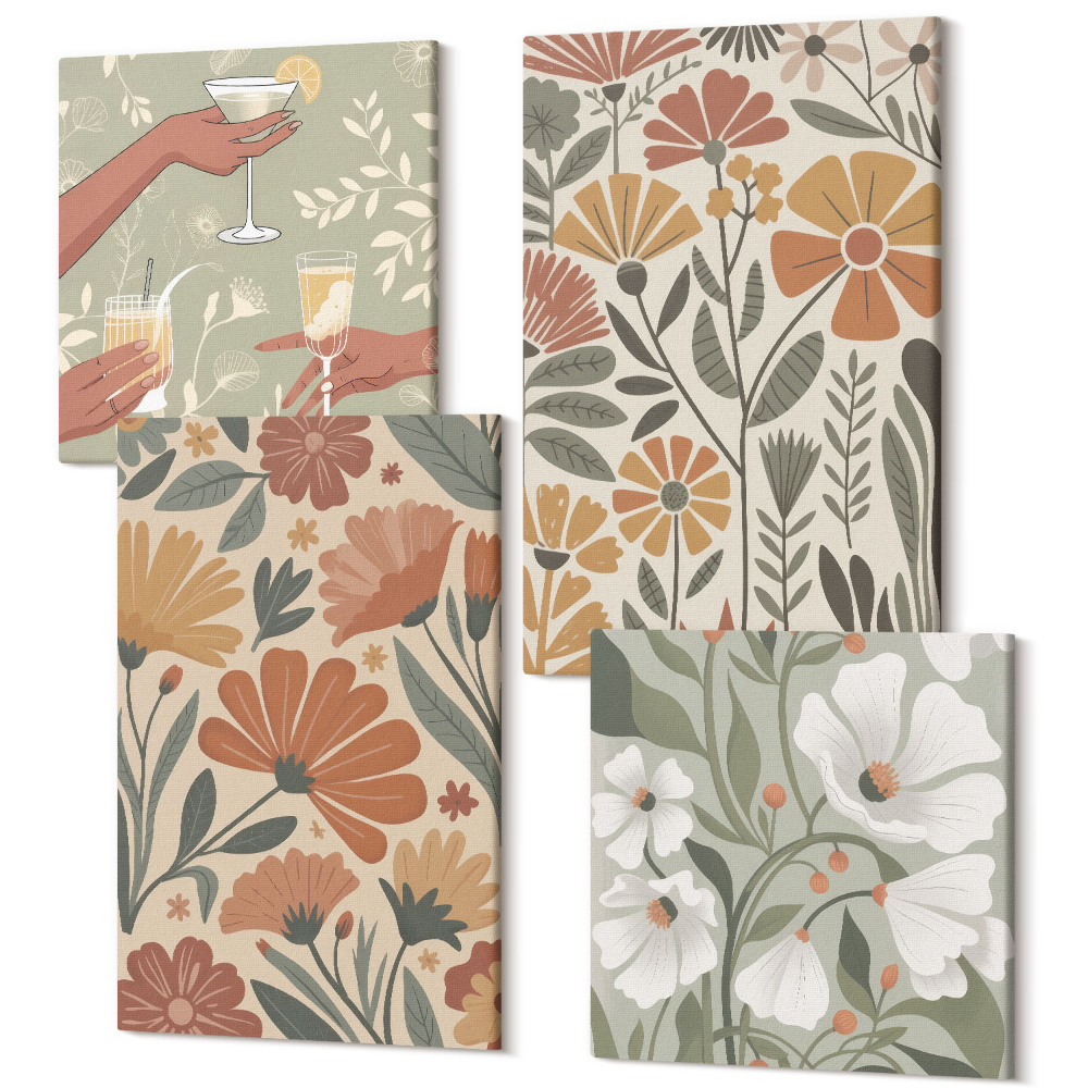 Sada 4 obrazov Kvetinové vzory v odtieňoch oranžovej a zelenej