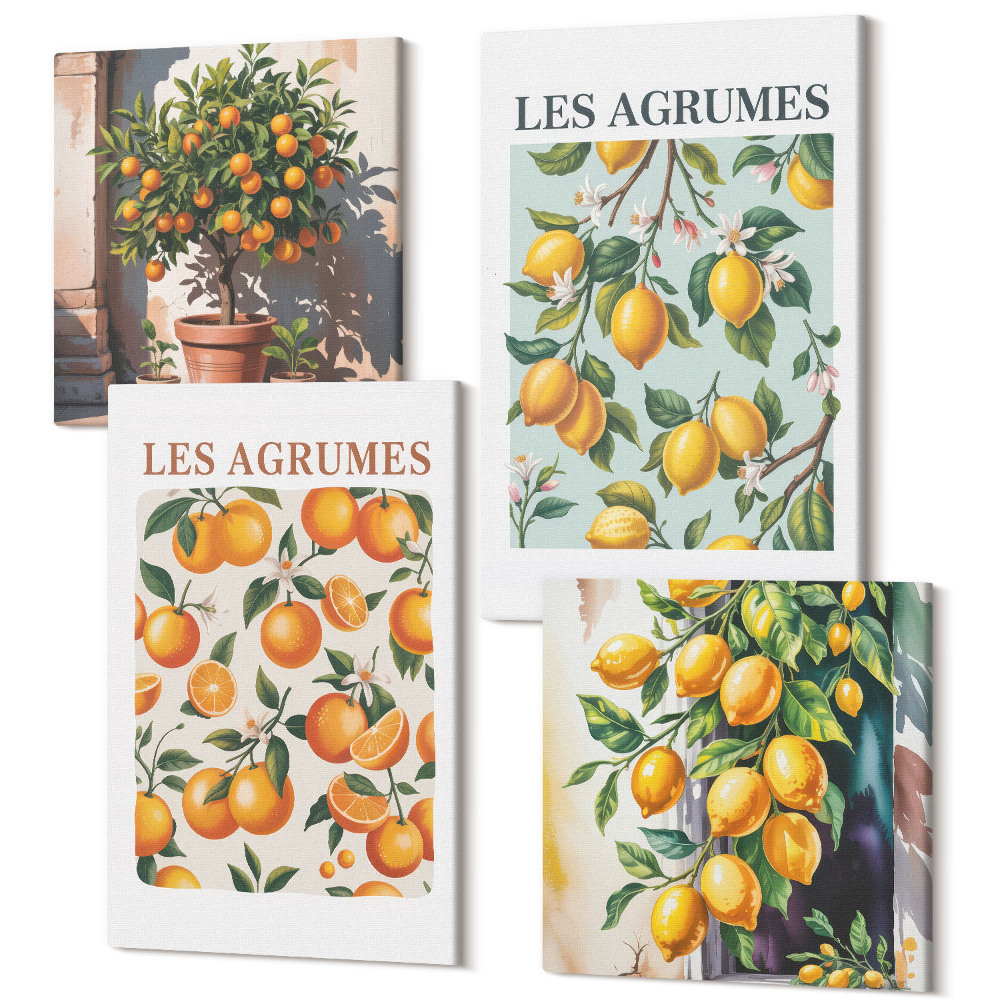 Sada 4 obrazov Ovocné citrusové vzory v pastelových farbách