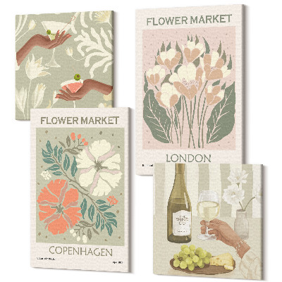 Sada 4 obrazov Kvetinové plagáty víno Copenhagen London
