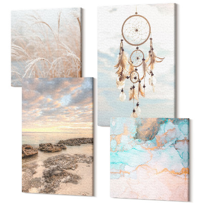 Sada 4 obrazov Výhľad na more s mrakmi, lapačom snov a trávou