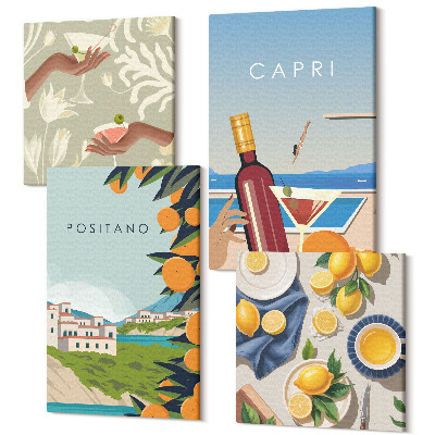 Sada 4 obrazov Dovolenkový výhľad na talianske citróny Positano a Capri