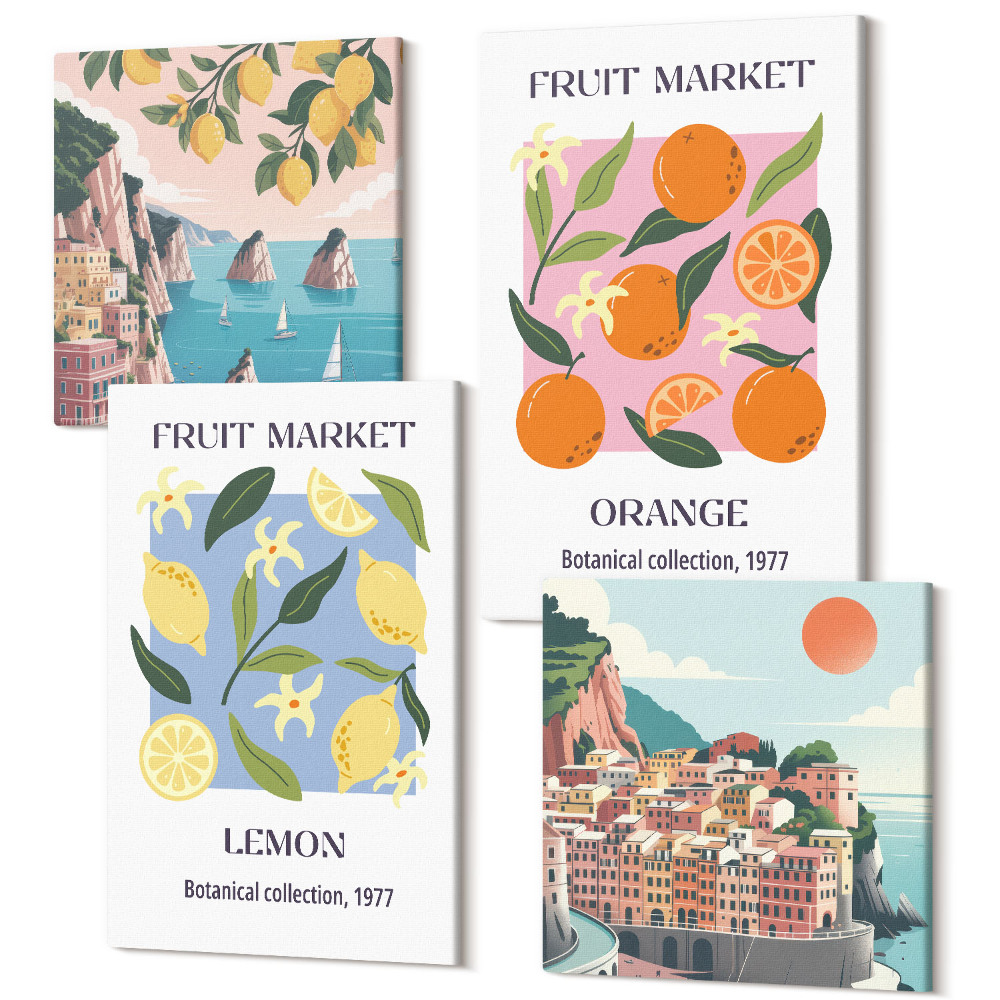 Sada obrazov kvadryptych Ovocné plagáty s citrónmi, pomarančmi a talianskymi pohľadmi