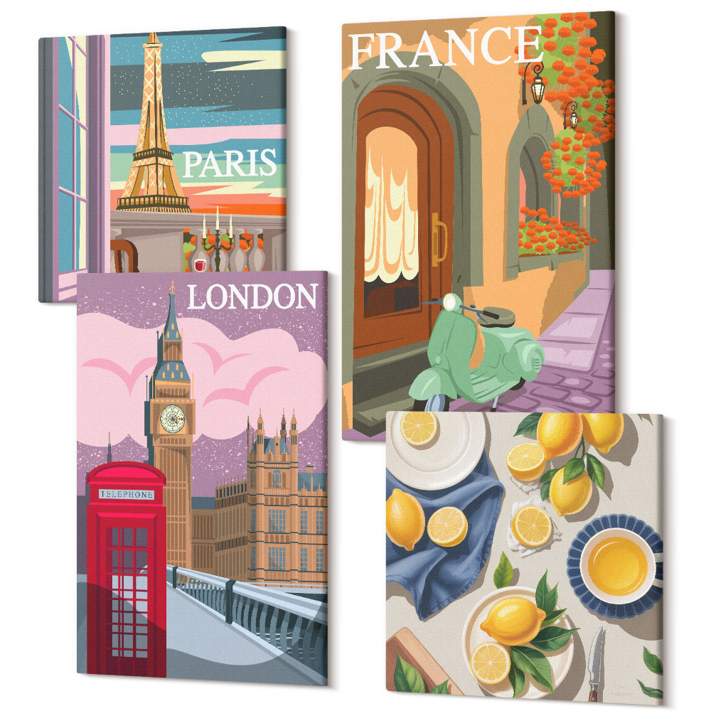 Sada obrazov na stenu kvadryptych Panoráma miest Paríža, Londýna a francúzskych citrónov