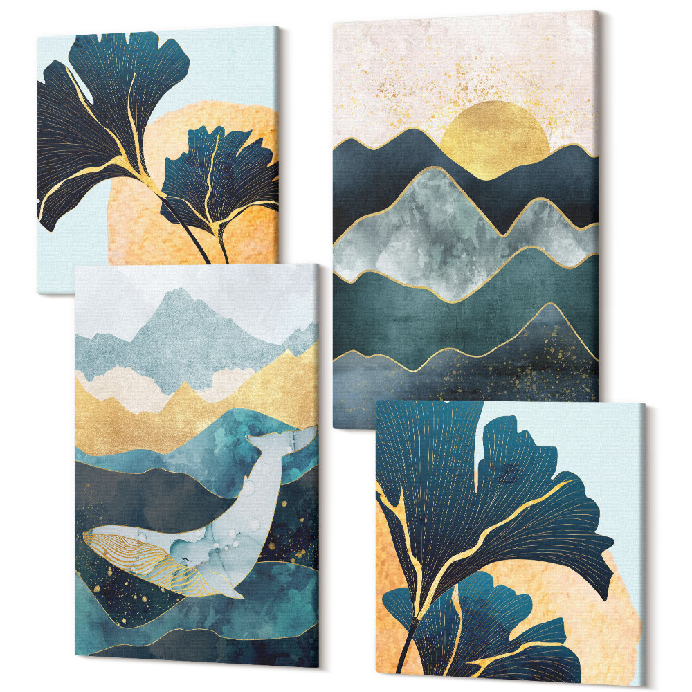 Sada obrazov na stenu kvadryptych Abstraktné estetické pohľady s horami a rastlinami