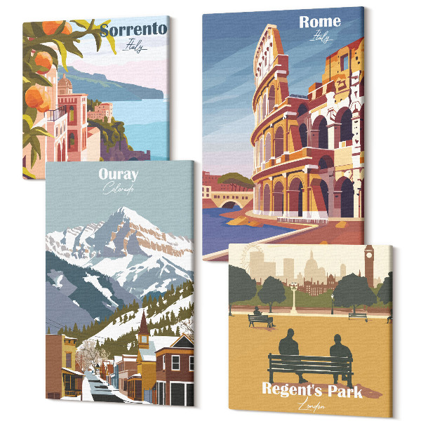 Sada obrazov kvadryptych Retro ilustrácie slávnych oblastí sveta
