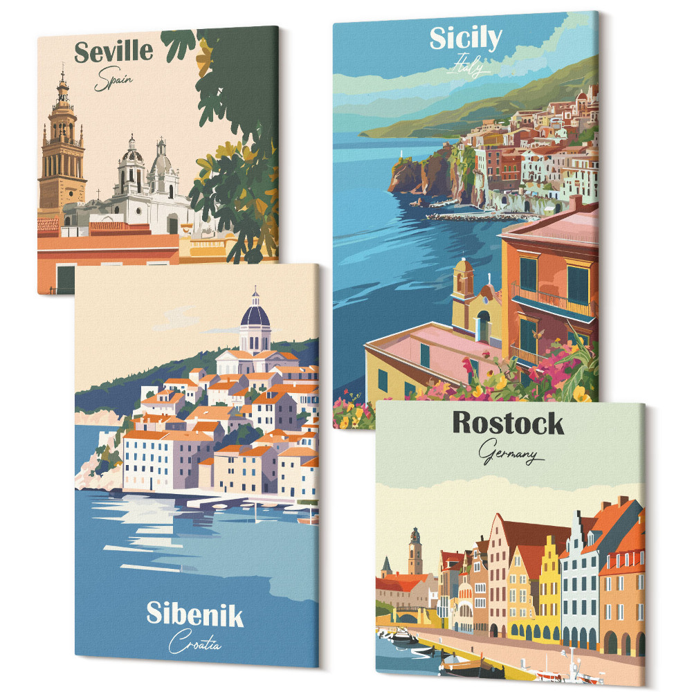 Sada 4 obrazov Krajiny európskych miest s farebnými budovami