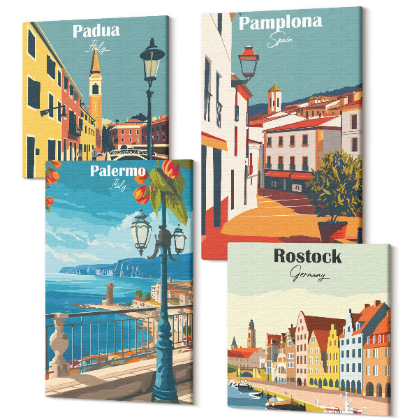 Sada obrazov kvadryptych Obľúbené mestá v retro ilustračnom štýle