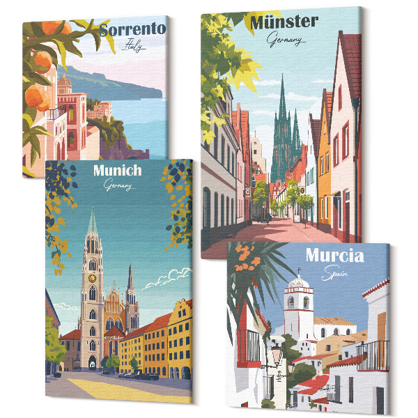Sada obrazov na stenu kvadryptych Európske mestá vo farebných ilustráciách