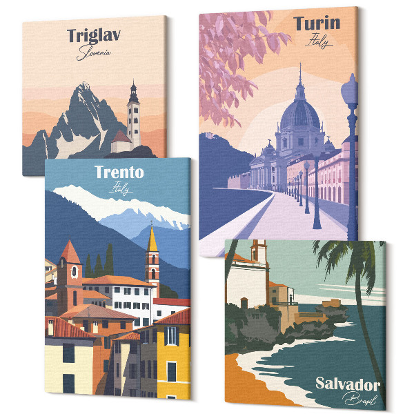 Sada obrazov kvadryptych Hory a retro architektúra farebné ilustrácie
