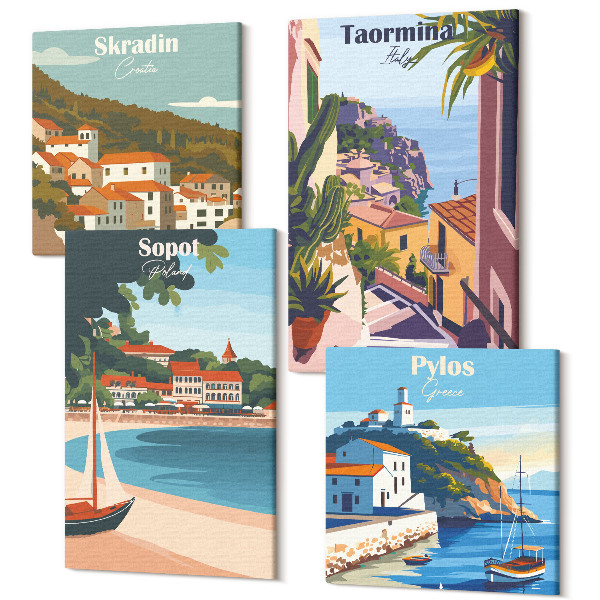 Sada obrazov kvadryptych Štýlové ilustrácie s výhľadom na prímorské mesto