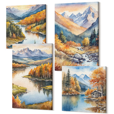 Sada 4 obrazov Výhľad na hory s riekou a jesennými stromami
