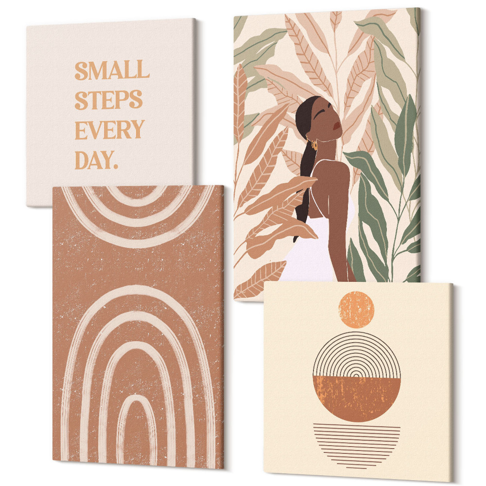 Sada 4 obrazov Štýlové vzory s rastlinnými motívmi a geometrickými tvarmi