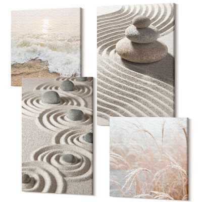 Sada 4 obrazov Pokojné vlny piesku a vody s kameňmi na pláži