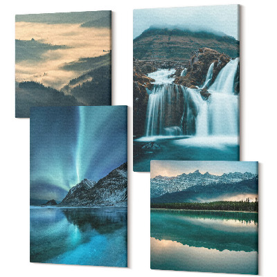 Sada obrazov kvadryptych Zimná krajina s vodopádmi a polárnou žiarou