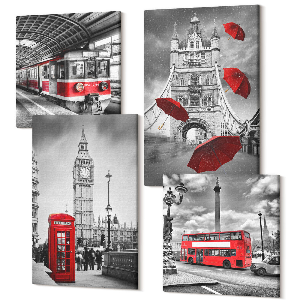 Sada 4 obrazov Červené akcenty a slávne londýnske budovy