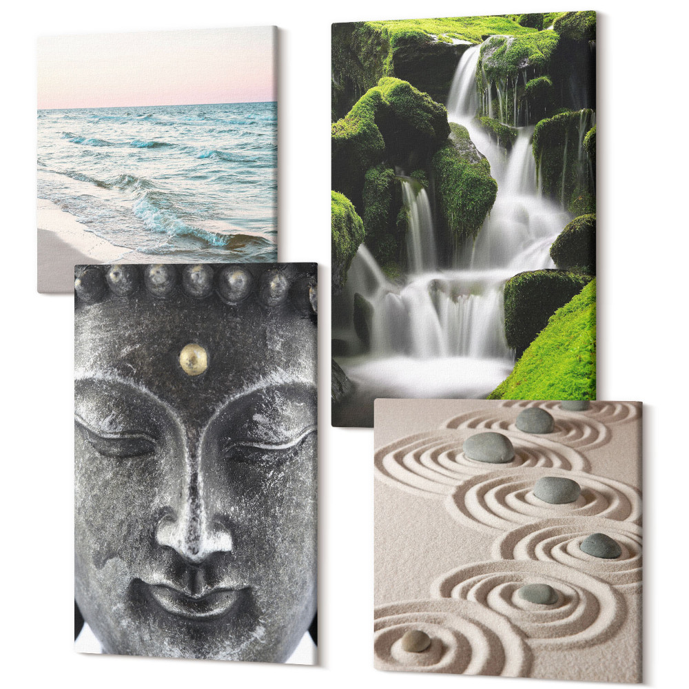 Sada 4 obrazov Pokoj prírody s kameňmi, vodopádom a Budhom