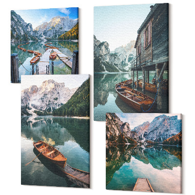 Sada 4 obrazov Jazero v horách s člnmi a drevenou chatkou