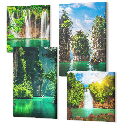 Sada obrazov na stenu kvadryptych Zelená krajina s vodopádmi a skalami
