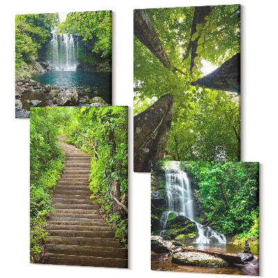 Sada 4 obrazov Lesná cesta s vodopádom a zeleňou