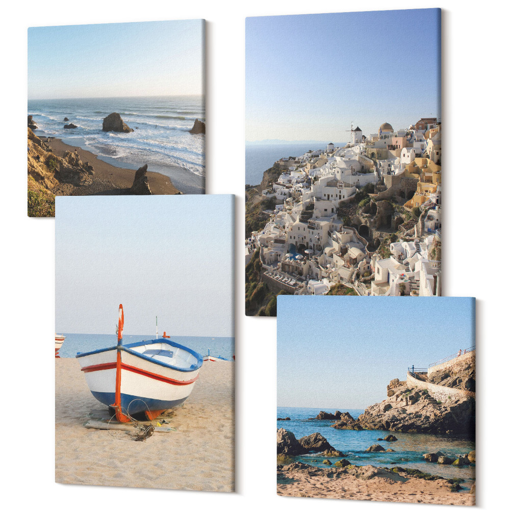 Sada 4 obrazov Pohľad na more s loďou a bielymi domami Grécko