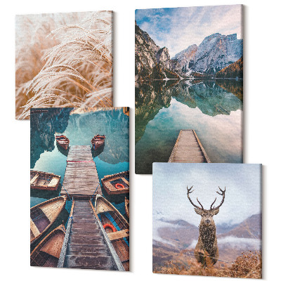 Sada obrazov kvadryptych Jazero s člnmi, jeleňmi a horskou krajinou