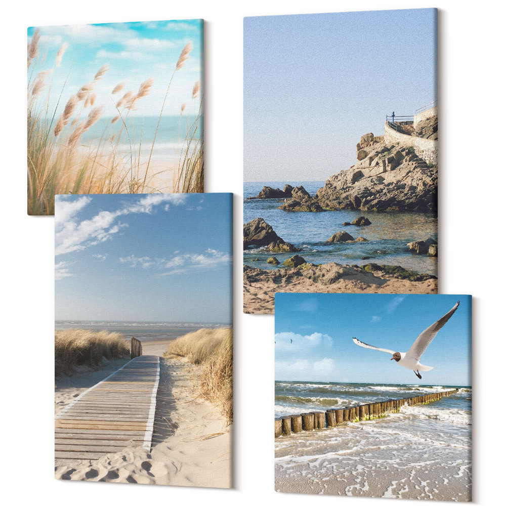 Sada obrazov na stenu kvadryptych Pláž s dreveným chodníkom, morom a prímorskými útesmi