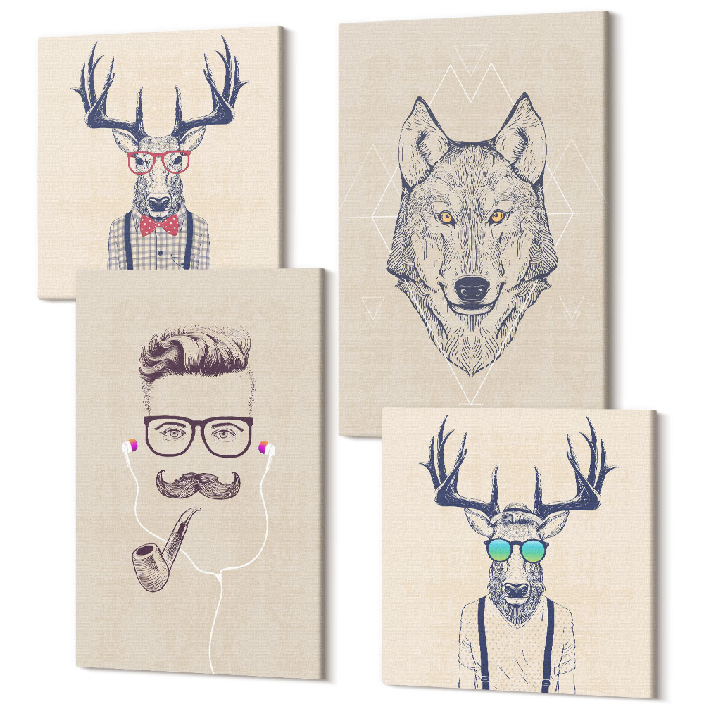 Sada 4 obrazov Štýlové portréty zvierat a mužov