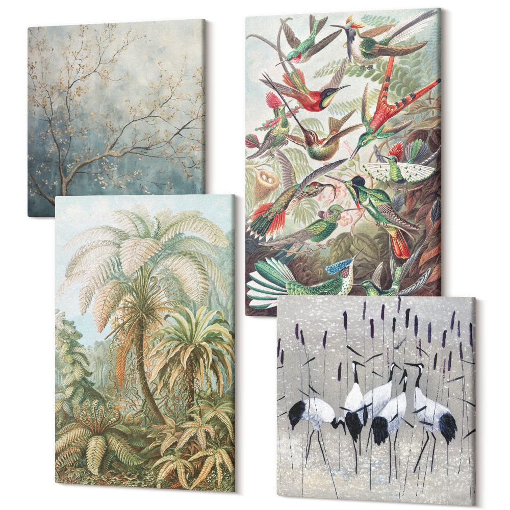 Sada obrazov kvadryptych Tropické rastliny a farebné vtáky v prírode
