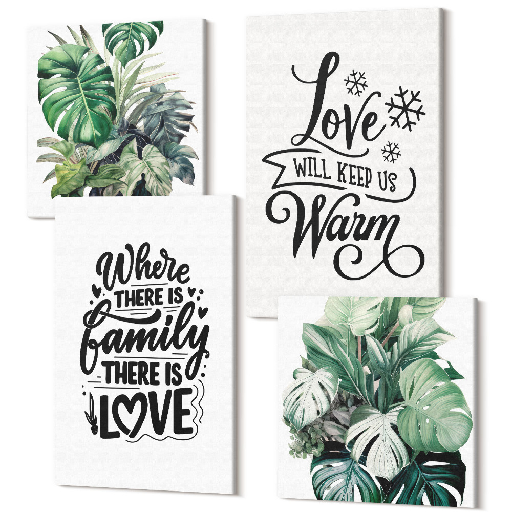 Sada obrazov na stenu kvadryptych Rodina, láska, domov, teplo, listy rastlín, akvarel