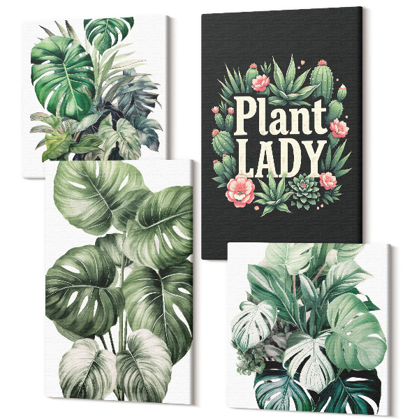 Sada obrazov na stenu kvadryptych Tropické rastliny s nápisom Plant Lady v zelenej farbe