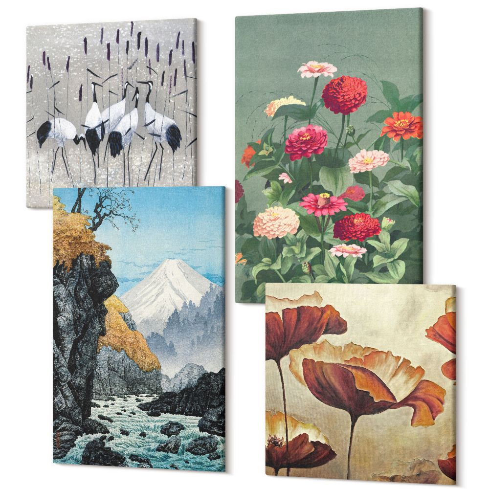 Sada obrazov kvadryptych Hory s vodopádom, letiacimi vtákmi a farebnými kvetmi