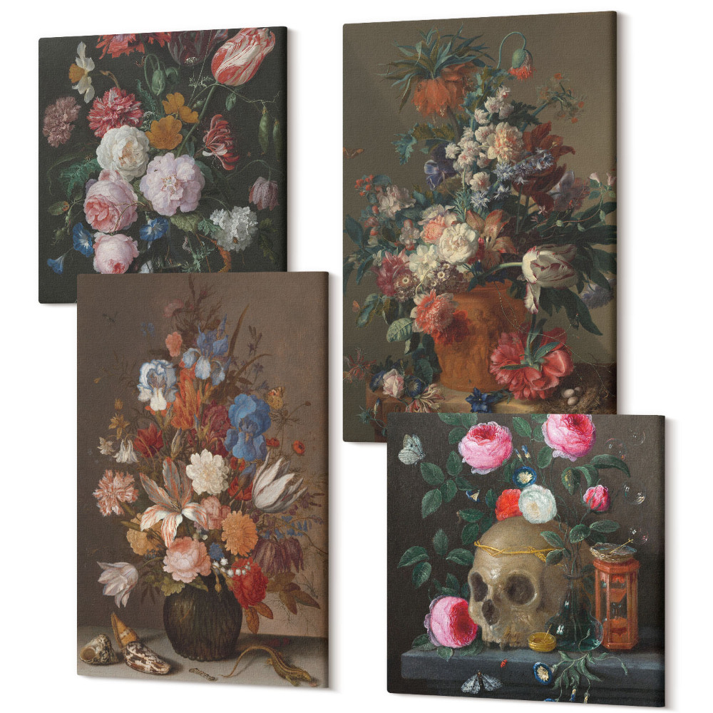 Sada obrazov na stenu kvadryptych Kvety vo vázach, rôzne vintage rastlinné kompozície