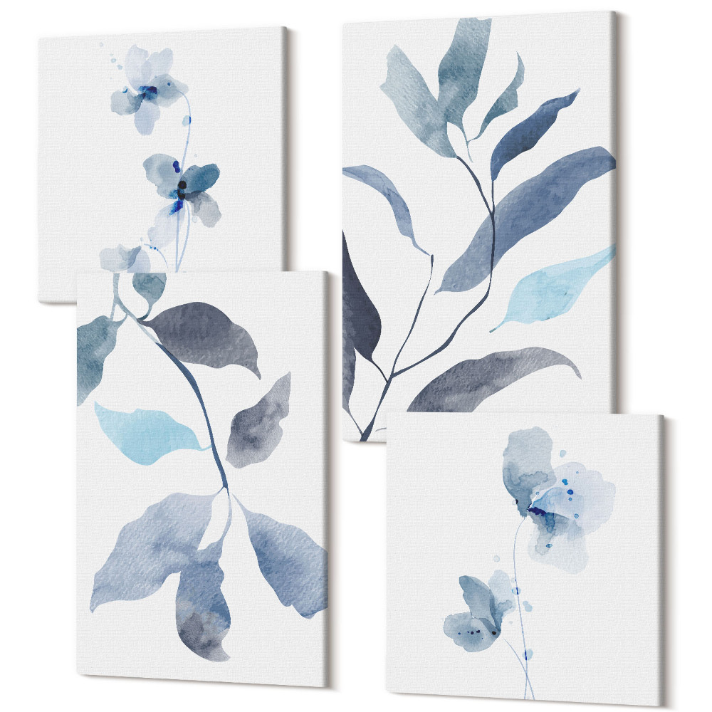 Sada obrazov kvadryptych Modré listy na svetlom pozadí, akvarelový štýl