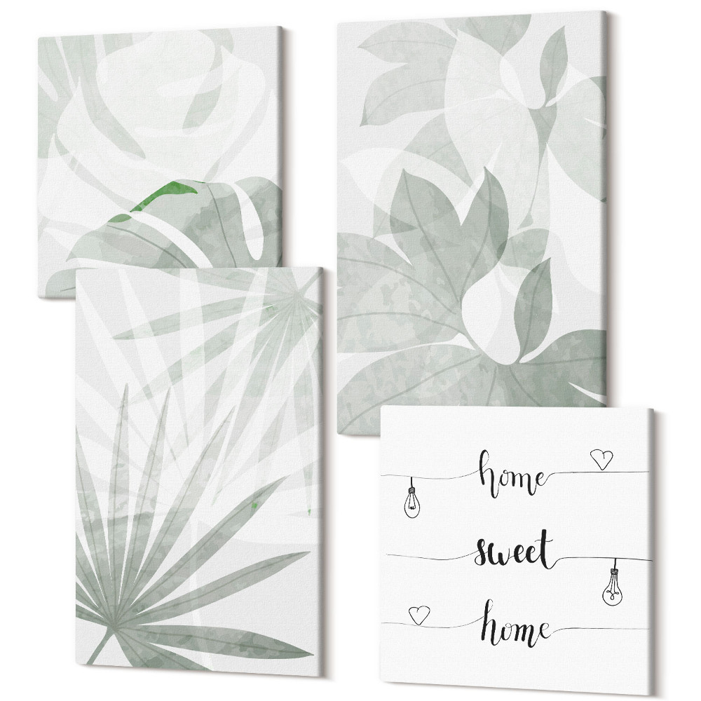 Sada 4 obrazov Listy rastlín v odtieňoch zelenej a sivý nápis